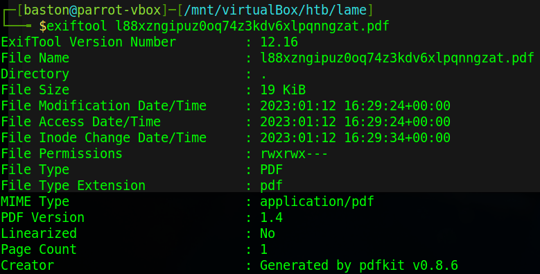 using exiftool to analyse the PDF