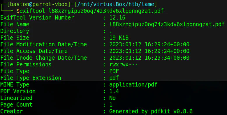 using exiftool to analyse the PDF