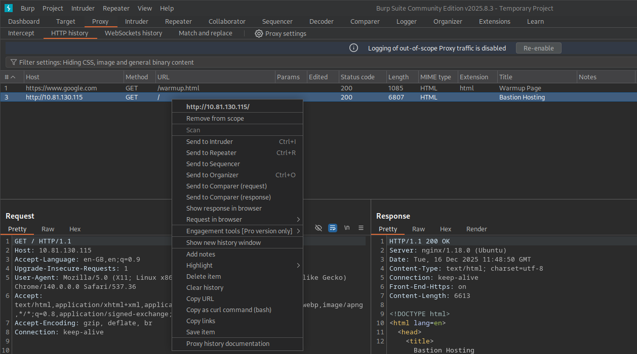 Burp Suite, Proxy - HTTP History tab, right click on a request