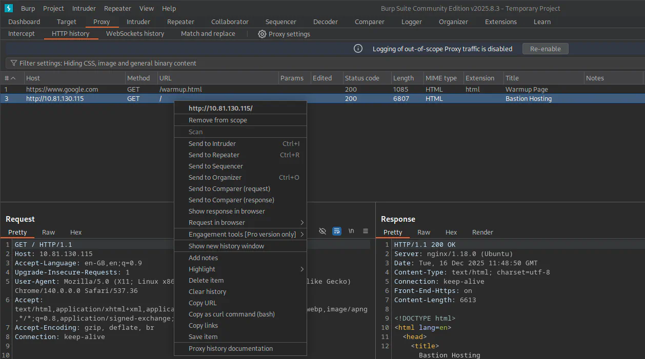 Burp Suite, Proxy - HTTP History tab, right click on a request