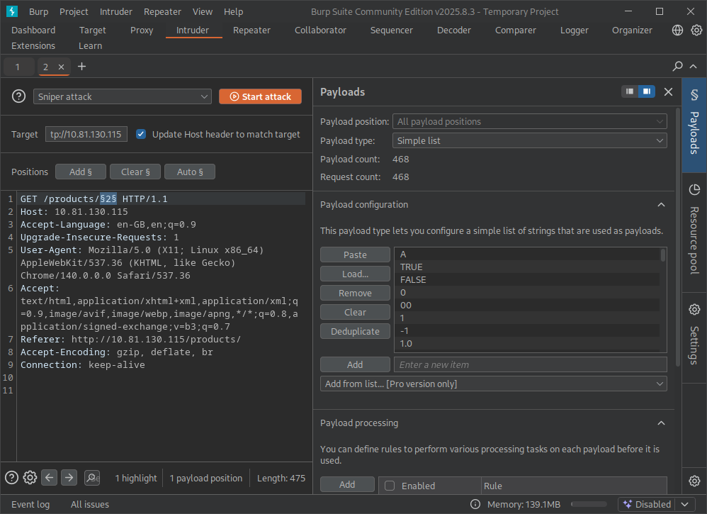 Burp Suite, Intruder configured to fuzz
