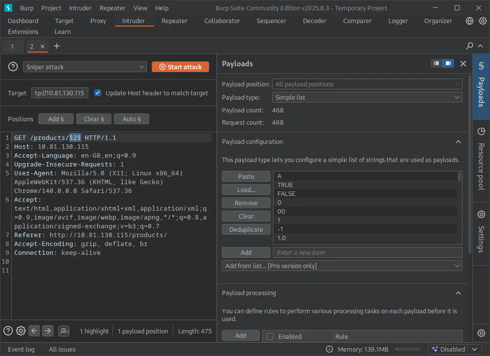 Burp Suite, Intruder configured to fuzz
