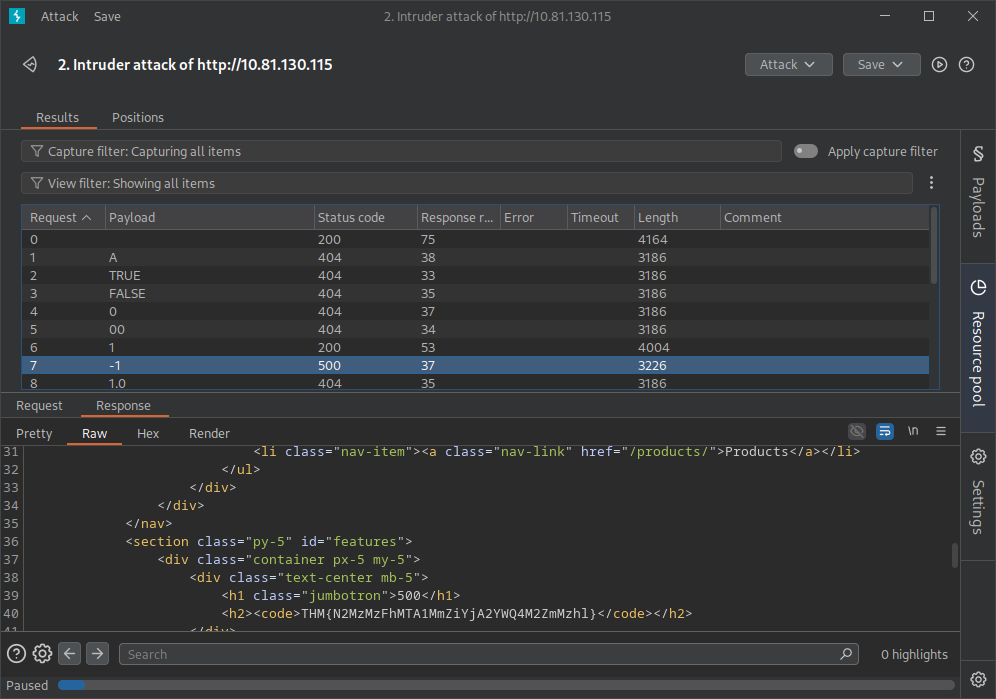 Burp Suite, Intruder attack page with found flag