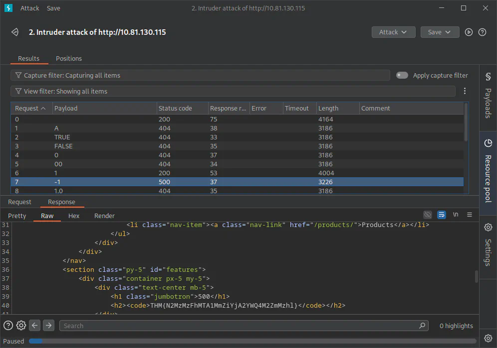 Burp Suite, Intruder attack page with found flag