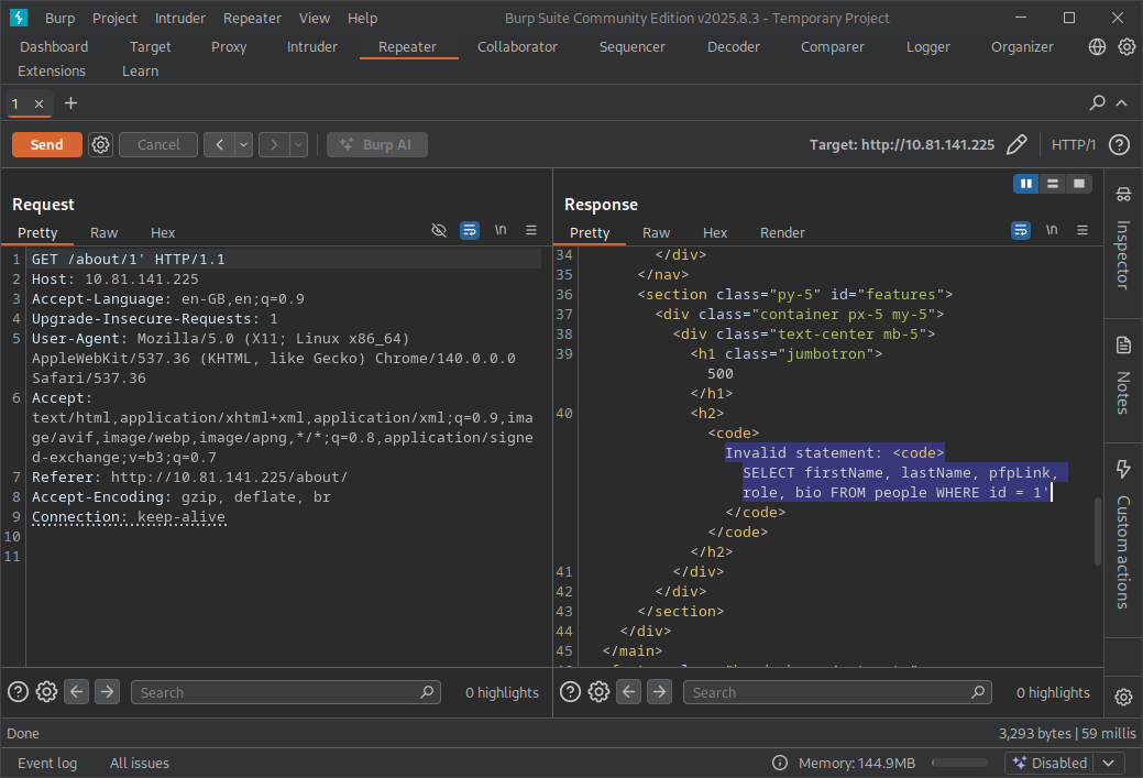 Burp Suite, SQLi identified in GET request with SQL statement in response