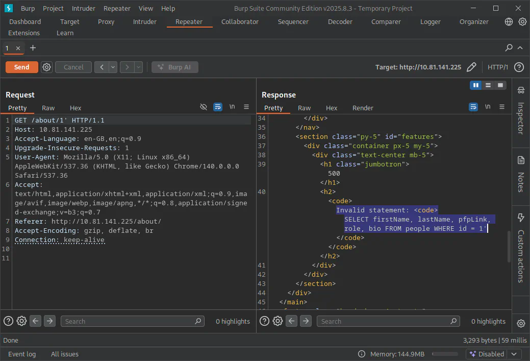 Burp Suite, SQLi identified in GET request with SQL statement in response