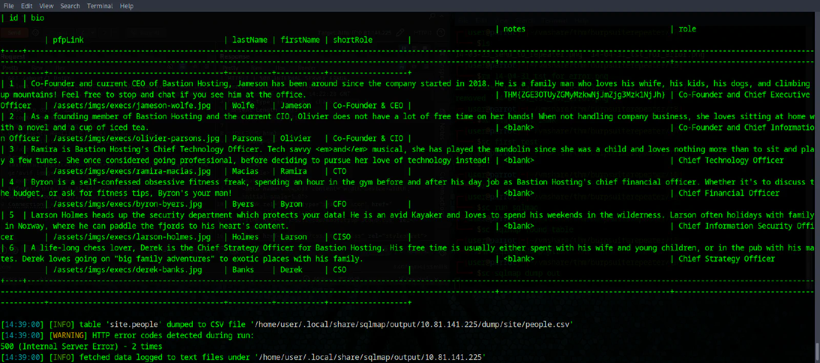 sqlmap, dump of people table in site database