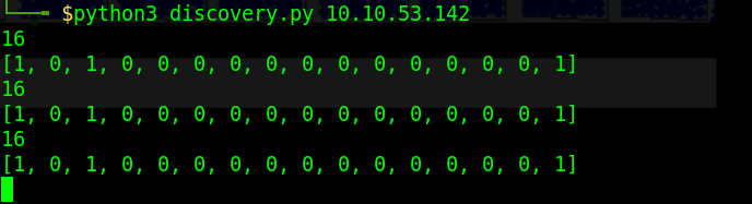 Programme printing the number of registers and their contents, the discovery.py file above running